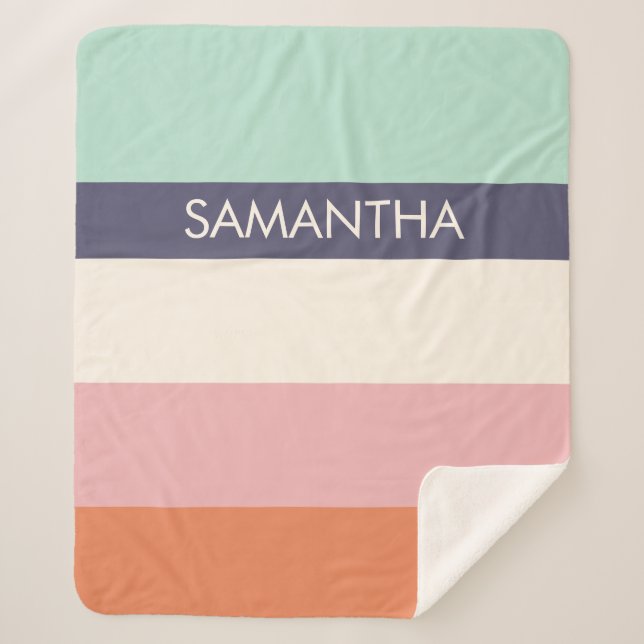 Peach Mint Modern Colour Blocks Stripes Personaliz Sherpa Blanket (Front)