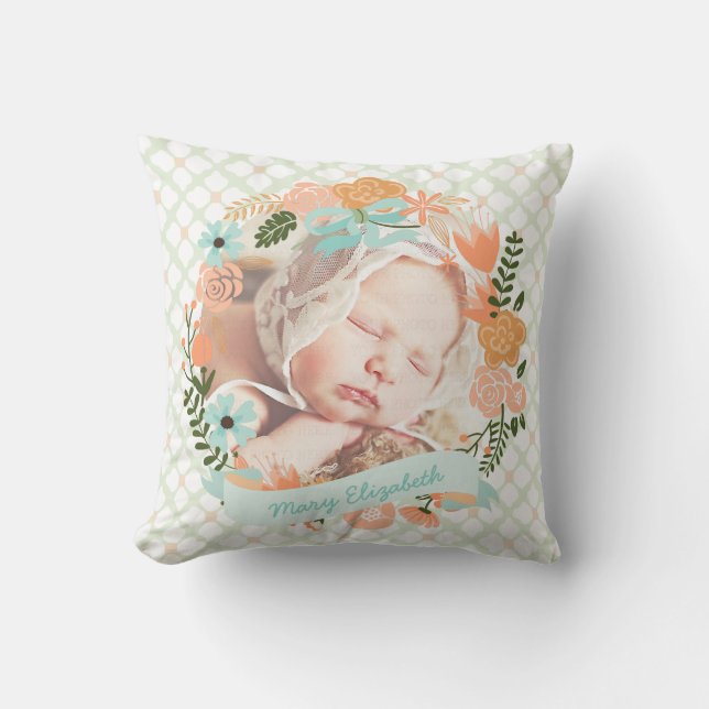 Peach Mint Nursery Floral Wreath Photo Custom Throw Pillow (Front)