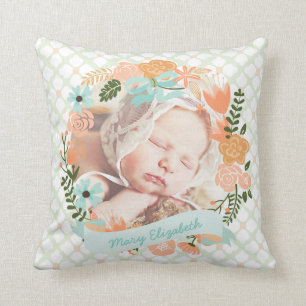 Peach Mint Nursery Floral Wreath Photo Custom Throw Pillow
