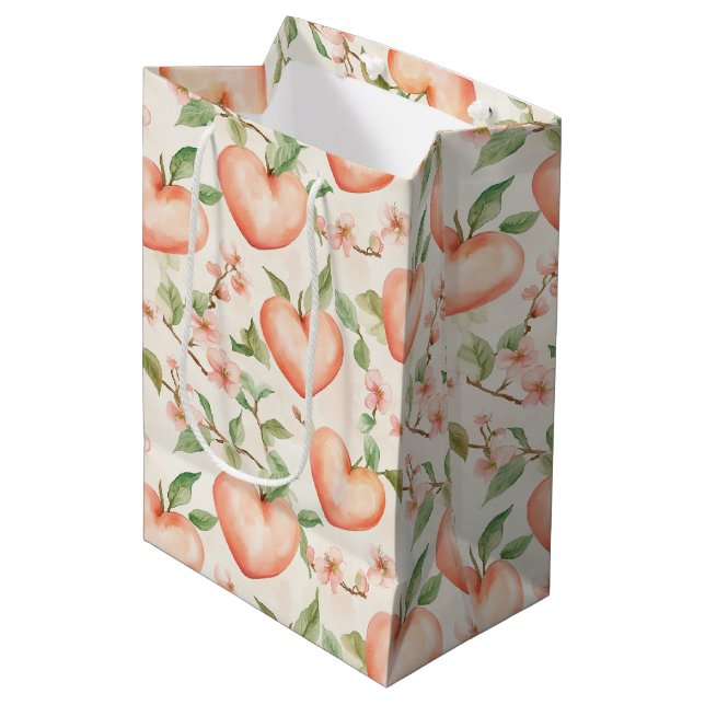 Peach Mint Pretty Hearts Flowers Medium Gift Bag (Front Angled)