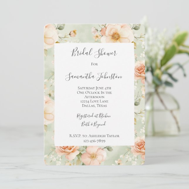 Peach Mint Pretty Rose Floral Bridal Shower Invitation (Standing Front)