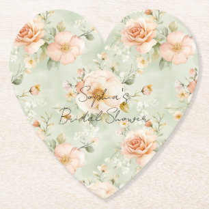 Peach Mint Pretty Rose Floral Bridal Shower Paper Coaster