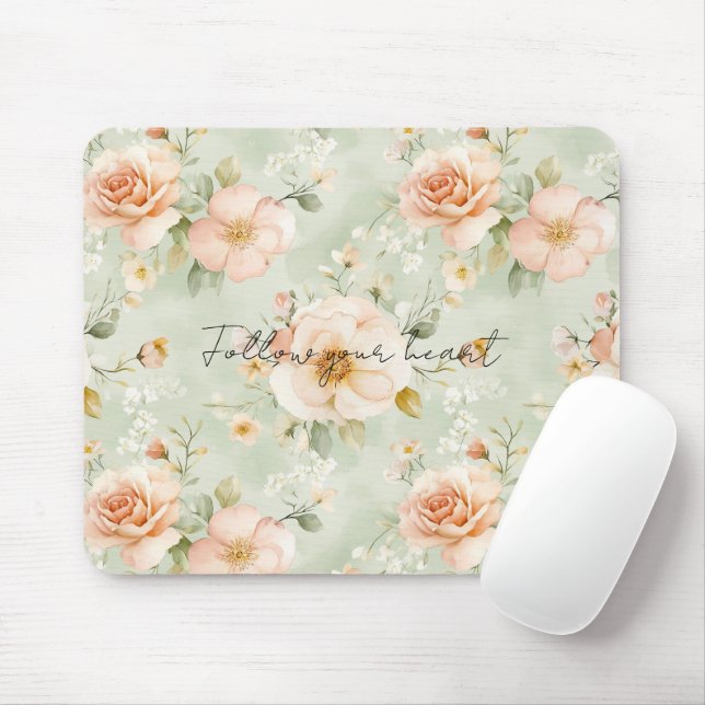 Peach Mint Pretty Rose Floral Mouse Pad (With Mouse)