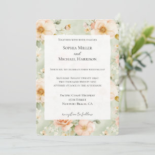 Peach Mint Pretty Rose Floral Wedding Invitation