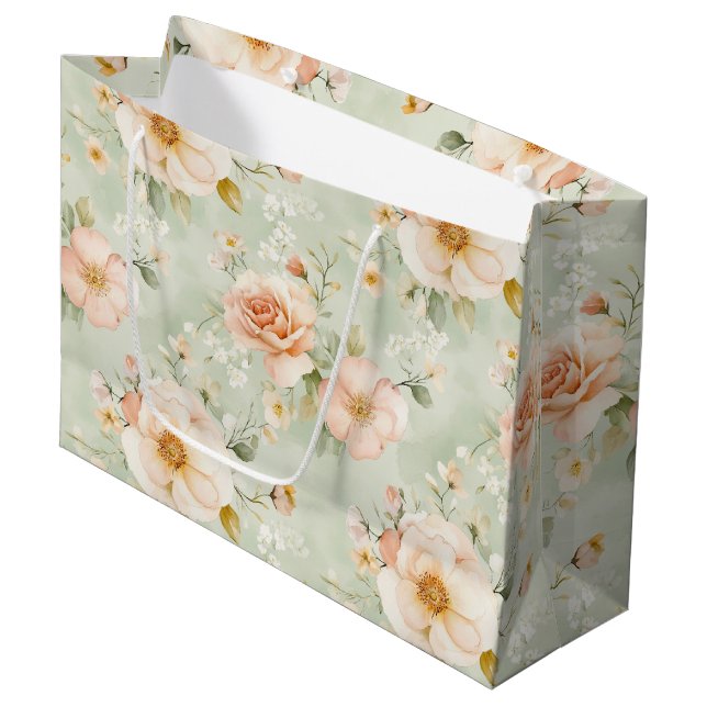 Peach Mint Pretty Roses Floral Bridal Shower Large Gift Bag (Front Angled)