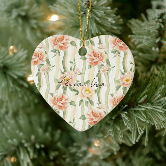 Peach Mint Pretty Roses Floral Stripes Ceramic Ornament (Tree)