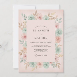 Peach Mint Ranunculus Eucalyptus Wedding Invitation