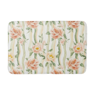 Peach Mint Roses Floral Stripes Bath Mat