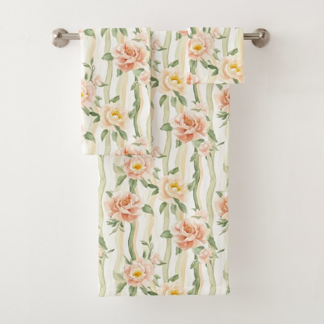 Peach Mint Roses Floral Stripes   Bath Towel Set (Insitu)