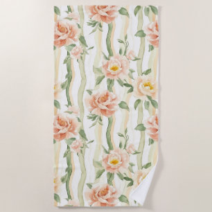 Peach Mint Roses Floral Stripes   Beach Towel