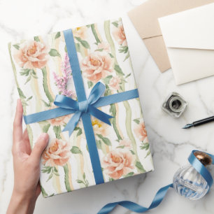 Peach Mint Roses Floral Stripes Birthday Wrapping Paper