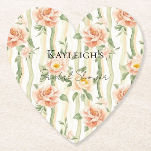 Peach Mint Roses Floral Stripes Bridal Shower Paper Coaster