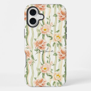 Peach Mint Roses Floral Stripes   iPhone 16 Plus Case