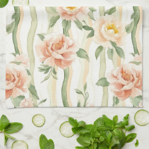 Peach Mint Roses Floral Stripes   Kitchen Towel