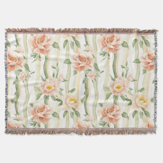 Peach Mint Roses Floral Stripes   Throw Blanket (Front)