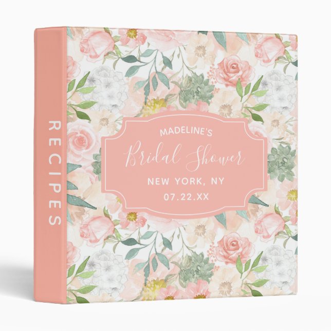 Peach & Mint Succulent Floral Bridal Shower Recipe Binder (Front/Spine)