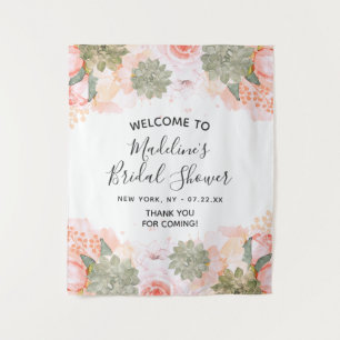 Peach Mint Succulent Floral Bridal Shower Welcome Tapestry