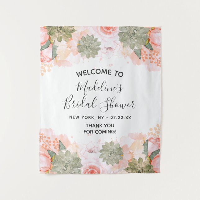 Peach Mint Succulent Floral Bridal Shower Welcome Tapestry (Front)