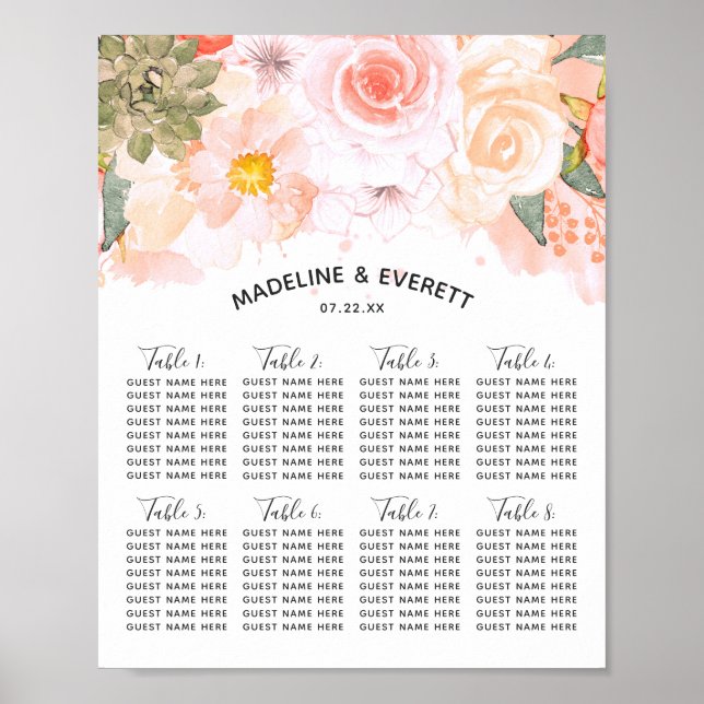 Peach & Mint Succulent Wedding Table Seating Chart (Front)