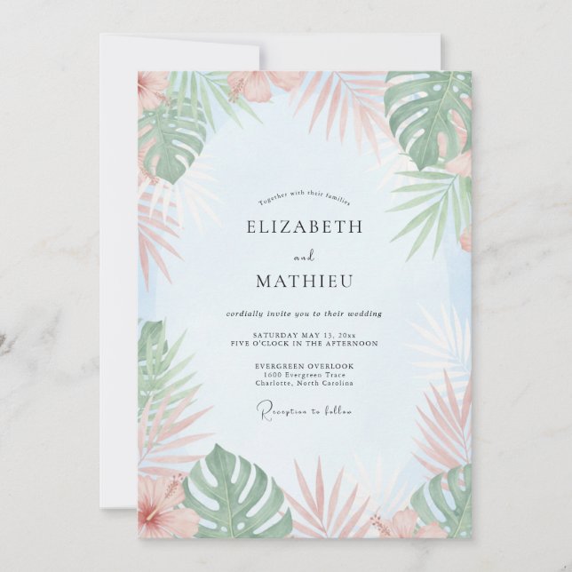Peach Mint Tropical Eucalyptus Wedding Invitation (Front)