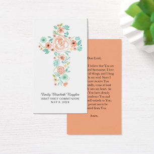 Peach Mint Watercolor Floral Cross Prayer Card