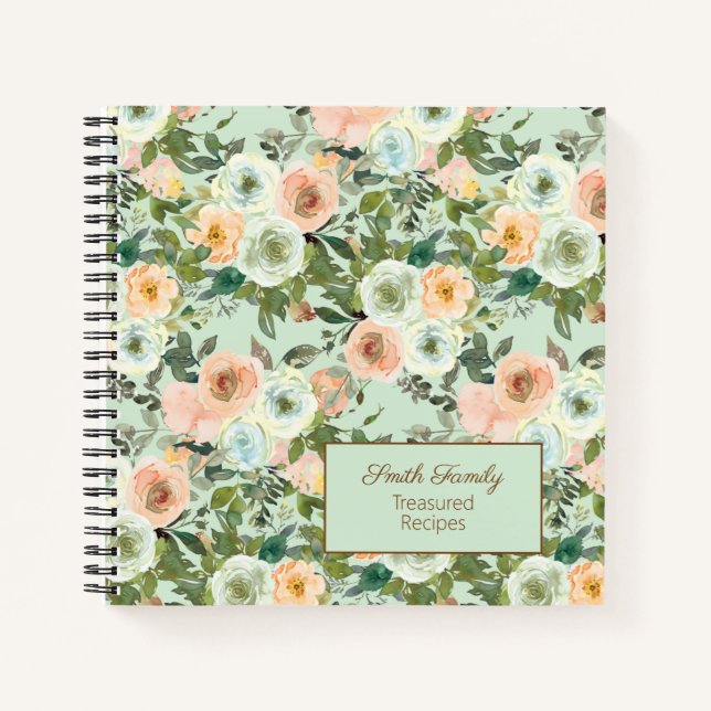 Peach Mint Watercolor Floral Recipe Notebook (Front)