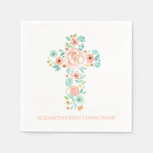 Peach Mint Watercolor Flower Cross First Communion Napkin