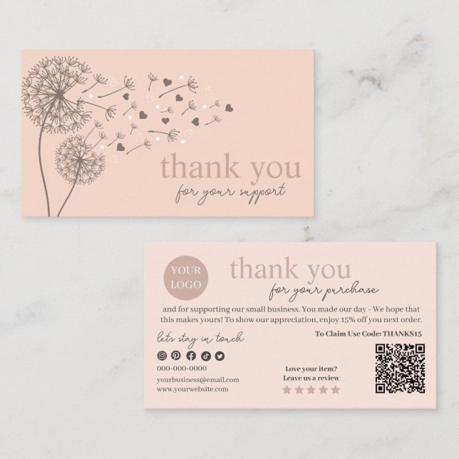 Peach Modern Script QR Code, Thank You Candle Business Card (Front/Back)