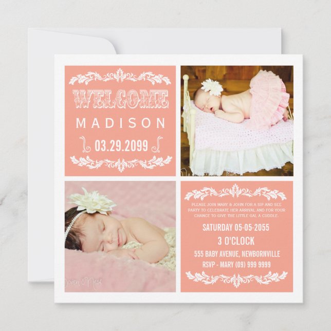Peach moderne Baby Girl Sip & See Cartes photos de (Devant)