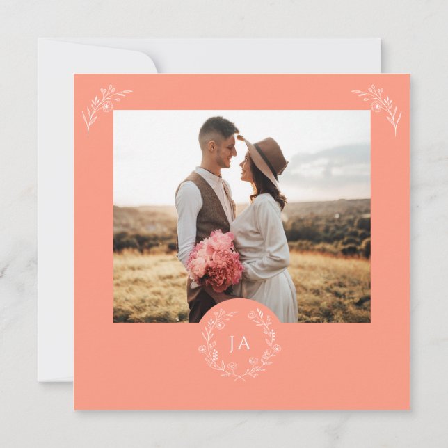 Peach Monogram Wedding Save The Date Card (Back)
