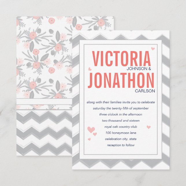 Peach Navy and Gray Zig Zag Typography Wedding Invitation (Front/Back)