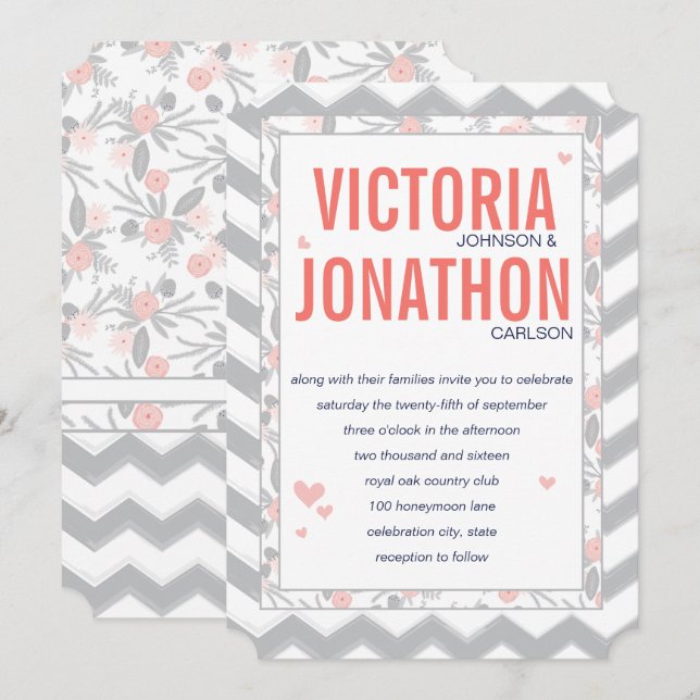 Peach Navy and Grey Zig Zag Typography Wedding Invitation (Front/Back)