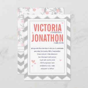 Peach Navy and Grey Zig Zag Typography Wedding Invitation