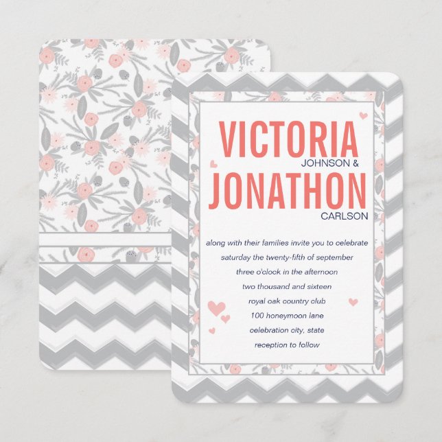 Peach Navy and Grey Zig Zag Typography Wedding Invitation (Front/Back)