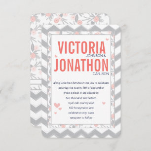 Peach Navy and Grey Zig Zag Typography Wedding Invitation