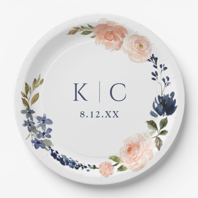 Peach & Navy Blue Botanical Garden Bridal Shower Paper Plate (Front)