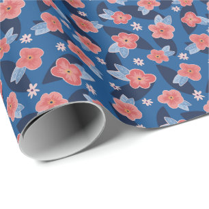Peach Navy Blue floral birthday Wrapping Paper