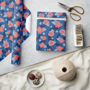 Peach Navy Blue floral birthday Wrapping Paper
