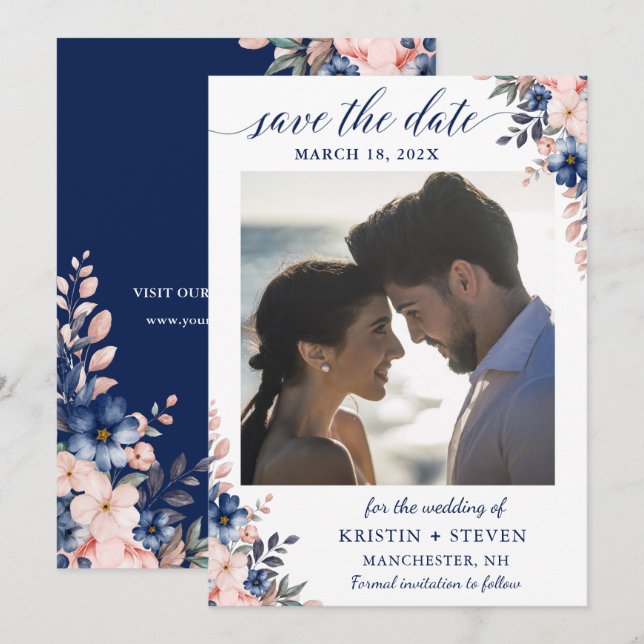 Peach Navy Blue Floral Photo Save The Date Card (Front/Back)