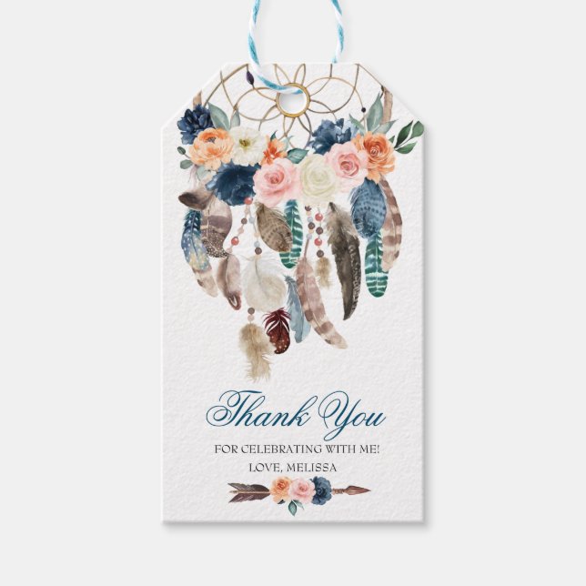 Peach Navy Boho Dreamcatcher Favour Tag (Front)