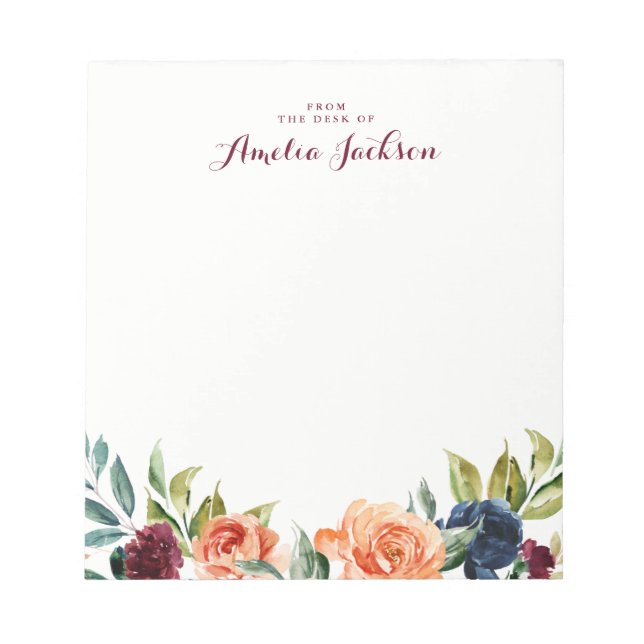Peach Navy Floral Personalized Notepad Stationery (Front)