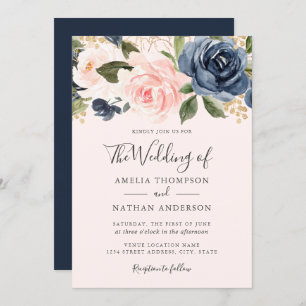 Peach Navy Watercolor Florals Wedding Invitation