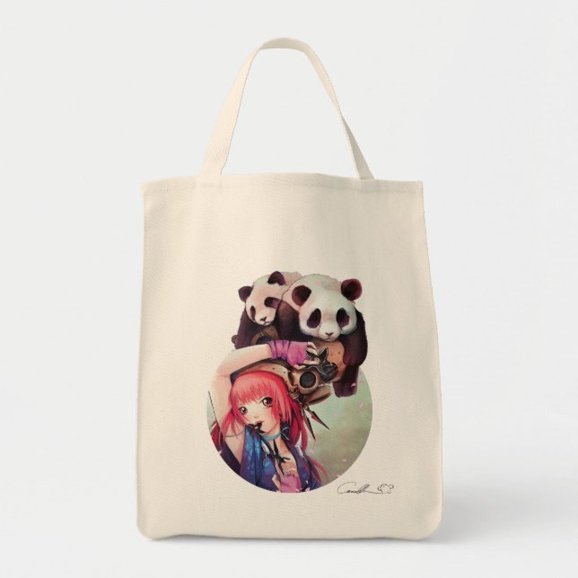 Peach Ninja Pandas Grocery Tote Bag (Front)