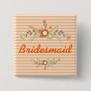 Peach & Olive Green Floral Wedding Bridesmaid 2 Inch Square Button