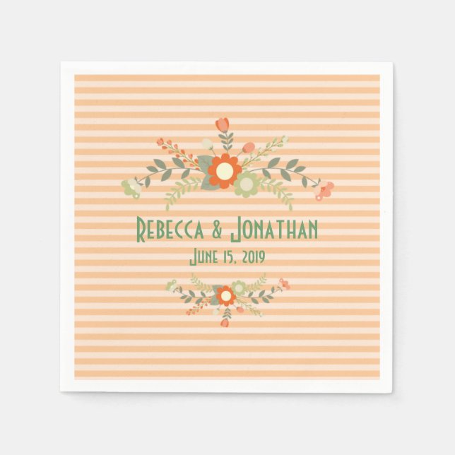 Peach & Olive Green Floral Wedding Personalized Napkin (Front)