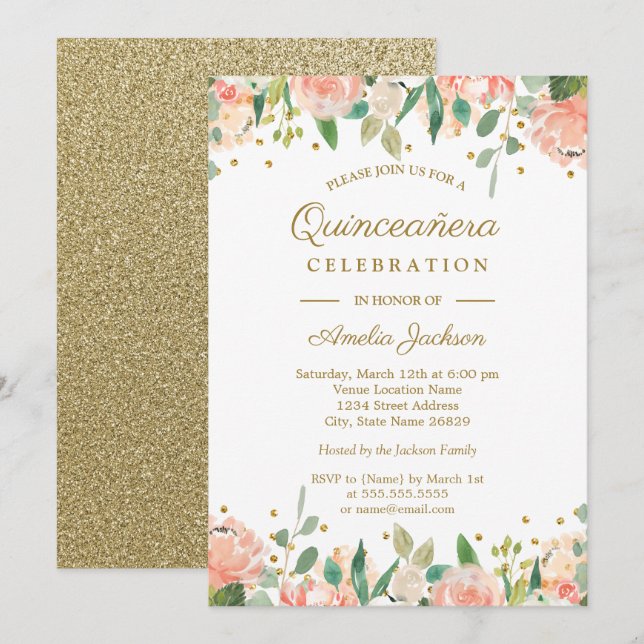 Peach or Floral Aquarelle Quinceanera Invitation (Devant / Derrière)