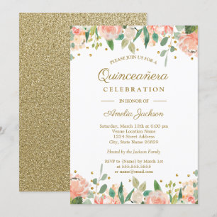 Peach or Floral Aquarelle Quinceanera Invitation