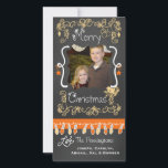 Peach/Orange Chalkboard Merry Christmas Photo Card<br><div class="desc">Merry Christmas holiday photo cards with a chalkboard look background, lots of peach swirls and text that reads Merry Christmas, a string of colourful tree lights in peach and orange, peach and orange hanging ornaments, and areas you can customize these beautiful and bright holiday photo cards with your photo and...</div>