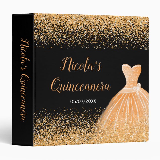 Peach Orange Dress Faux Glitter Quinceanera Album Binder (Front/Spine)
