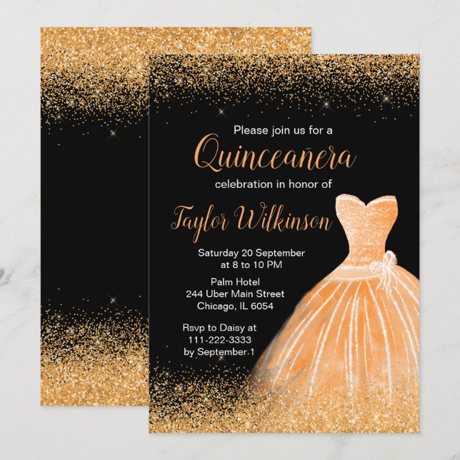 Peach Orange Dress Faux Glitter Quinceanera Invitation (Front/Back)